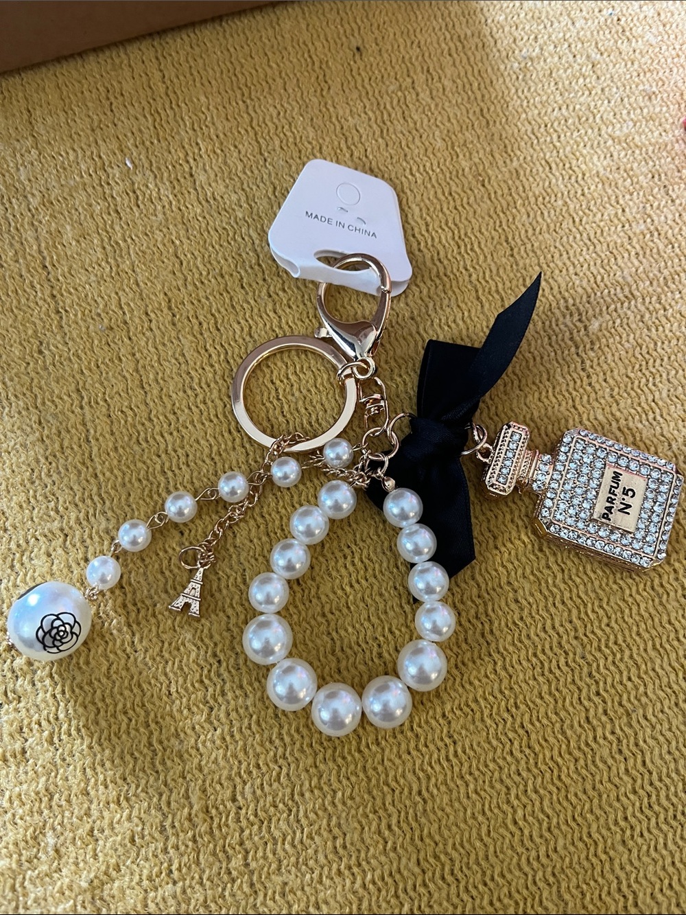 Pearl & Gold Perfume Bottle with Black Bow Bag Charm